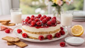 Butterkekskuchen mit Himbeeren: mit Sahnecreme und Himbeerschicht zum köstlichen Frühlingstraum
